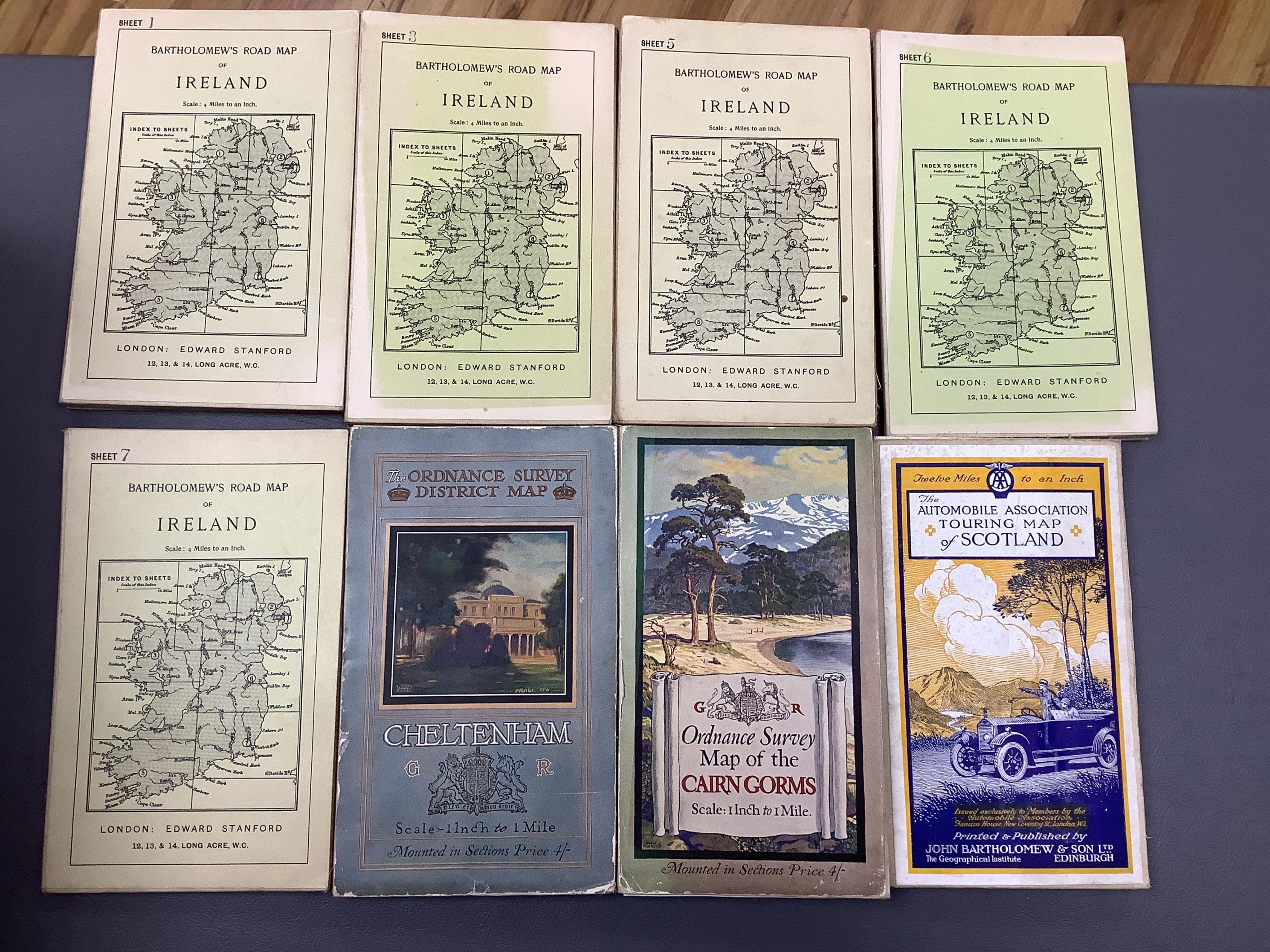 Twenty-five Bartholomew's series maps of England and Wales, together with five Bartholomew roadmaps of Ireland, four ordnance survey maps of Ireland, fourteen ordnance survey tourist maps, and RAC Route Book for England